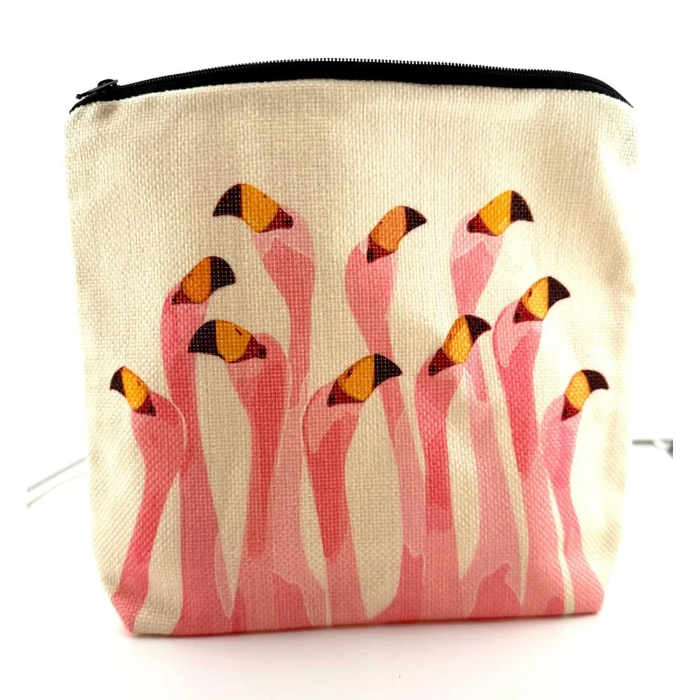 New Flamingo Print Canvas Cosmetic Bag - Pink